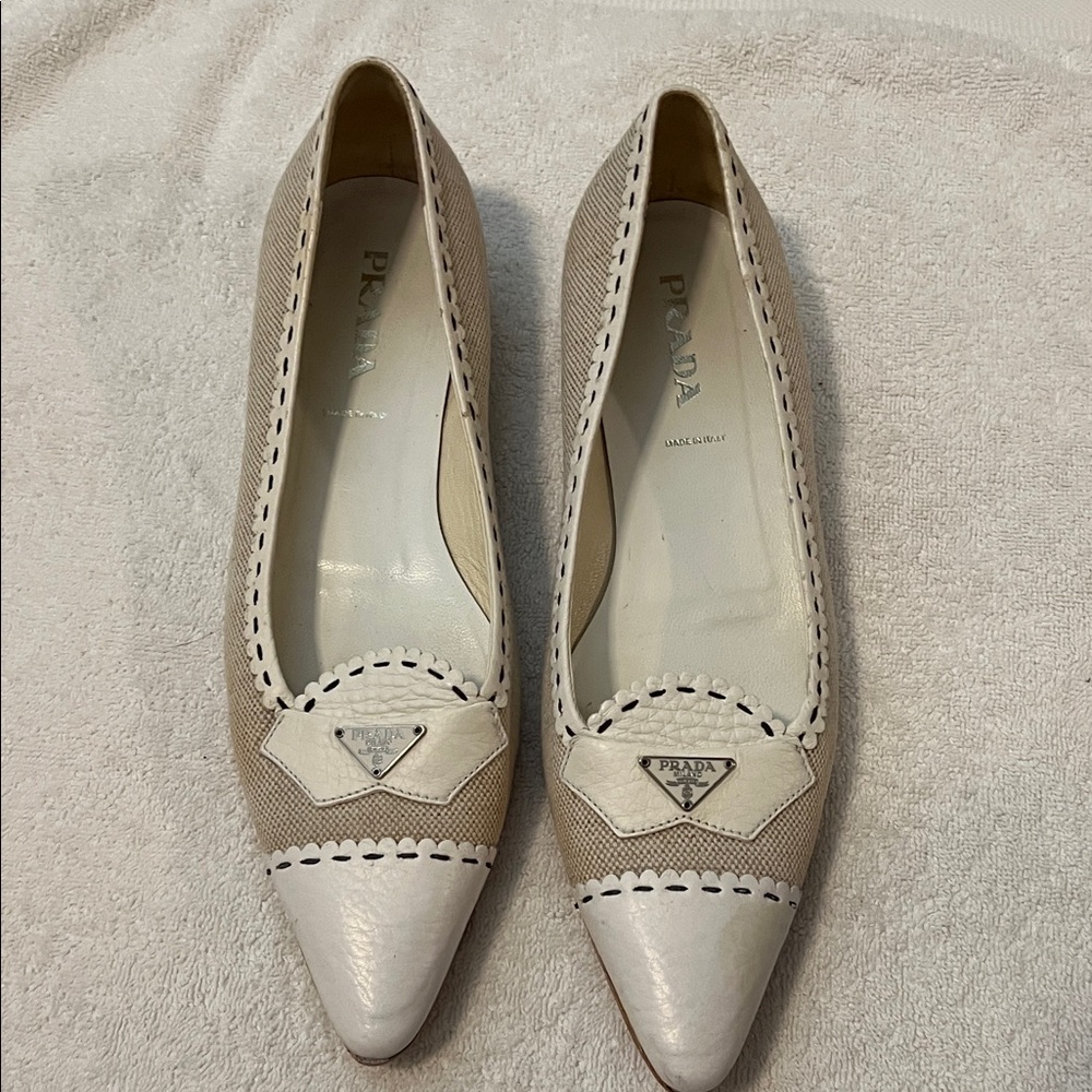 Prada Women's Tan and White Loafers